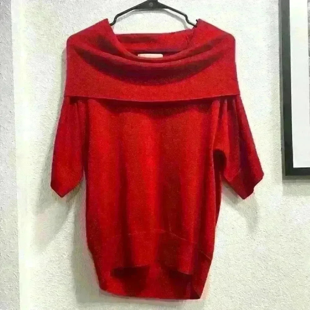 Michael Kors Womens Red Sparkle Cowl Neck Sweater 3/4 Sleeve Size L